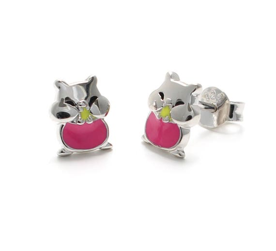 Pink Kitty Cat Face Stud Earrings Sterling Silver with Sparkly Enamel Color Pink Kitty Cat Face Stud Earrings Sterling Silver with Sparkly Enamel Color