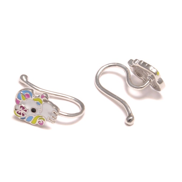 Rainbow Unicorn Earclips, Children Jewelry 925 Sterling Silver, Kids Earclips nickel free, real silver girl jewelry