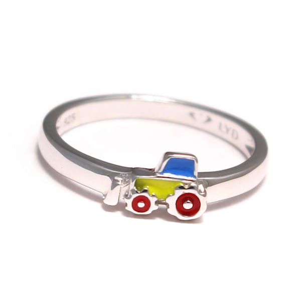 Bagger Kinder Ring bunt, Kinderring 925 Sterling Silber, Junge Schmuck Baustelle, Baustellenfahrzeug Silberring, Baggerfahrer Kinderschmuck