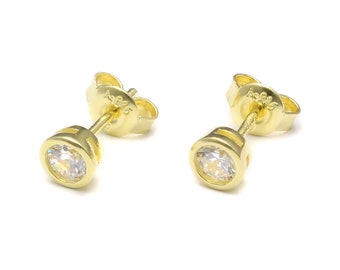 Gold-plated zirconia stud earrings, 925 sterling silver, glitter earrings gold, ladies earrings elegant, genuine jewelry nickel-free