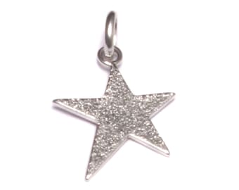 May include: A silver star-shaped pendant with a textured surface. The pendant has a loop at the top for attaching to a chain.