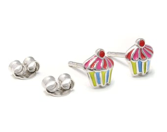 Boucles d'oreilles Cupcake Sweet, argent sterling 925, boucles d'oreilles pour enfants muffins, bijoux pour filles colorés, bijoux pour enfants en argent véritable, mini clous sans nickel