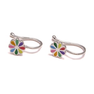 Blümchen Kinder Ohrclips, 925 Sterling Silber, echt Silber Kinderschmuck, Silber Ohrclips nickelfrei, Mädchen Schmuck, Regenbogen Ohrringe