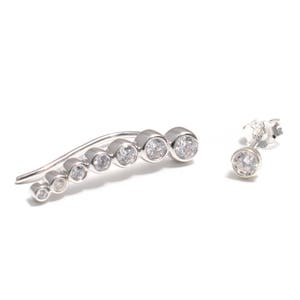 Zirconia-set ear crawler with silver ear studs made of 925 sterling silver, earclimber silver, ear cuff, ear jacket, ear climber