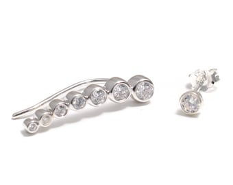 Zirconia-set ear crawler with silver ear studs made of 925 sterling silver, earclimber silver, ear cuff, ear jacket, ear climber