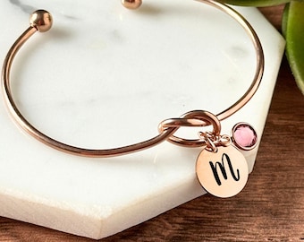 Personalized Knot Bracelet: Engraved Initial & Birthstone, New Mom Gift