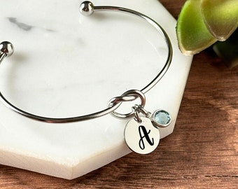 Personalized Knot Bracelet, Best Friends Birthday Gift, Engraved Initial with Birthstone, Hypoallergenic Surgical Steel Jewelry