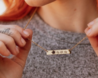 Mom Turtle Necklace with Babies Permanent Laser Engraved on a Horizontal Bar Necklace 16", 18", 20" Silver, Rose Gold, Gold