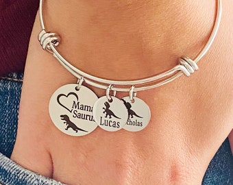 Mamasaurus Dinosaur Jewelry, Personalized Engraved Charm Bracelet, Birthday Gift for Mom, Dino Mom