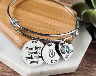 Personalized New Mom Charm Bracelet, First Time Mom Jewelry Gift, Available in Silver, Rose & Yellow Gold- Your first breath took mine away