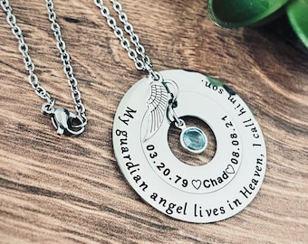 Sympathy Gift for Mom, Loss of Son Personalized Memorial Jewelry Necklace "My Guardian Angel lives in Heaven..."In Silver, Rose, Yellow Gold