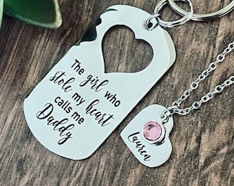 Engraved "The Girl(s) Who Stole My Heart" Dog Tag Keychain, Dad Gift, Father Daughter Gift Set, Dad Birthday Gift