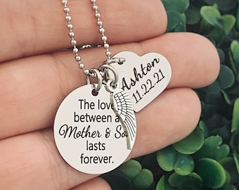 Memorial Jewelry for Mom Loss of a Son Angel Wing Necklace Personalized Engraved Charm Necklace the Love Between a Mother Son Etsy