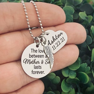 Memorial Jewelry for Mom, Loss of a Son, Angel Wing Necklace, Personalized Engraved Charm Necklace, &quot;The love between a Mother & Son&quot;