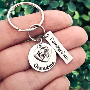 Coming Soon Pregnancy Announcement to Family, Surprise Pregnancy Reveal, Personalized Silver Engraved Keychain, image 1