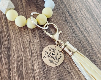 Bonus Mom Silicone Bead Wristlet Keychain: Engraved Charm Tag