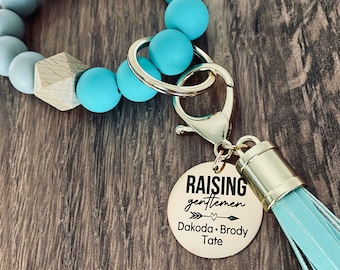 Boy Mom Personalized Beaded Keychain Wristlet: Engraved Charm