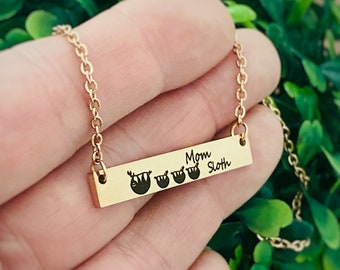 Sloth Necklace, Sloth Gift, Gifts for Mom, "Mama Sloth" Horizontal Bar Necklace 16", 18", or 20" Silver, Rose Gold, Yellow Gold