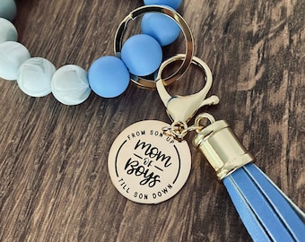 Boy Mom Silicone Beaded Wristlet Keychain: Engraved Charm