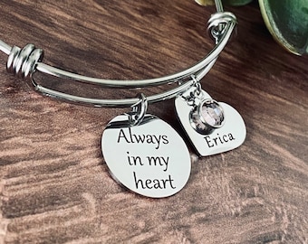 Always In My Heart Memorial Bracelet, Condolence Gift, Multiple Colors, Up to 4 Heart Charms