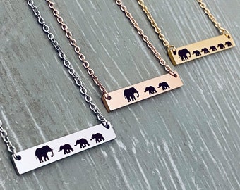 Elephant Necklace, Elephant Jewelry, Personalized Mom Gift, Permanent Laser Engraved Bar Necklace 16", 18", or 20" Silver, Rose Gold, Gold