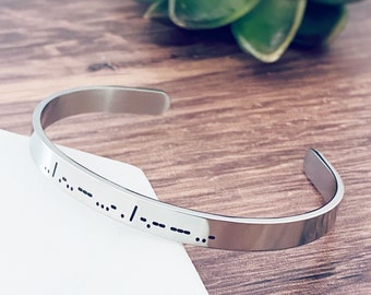 Morse Code Bracelet, Silver Engraved "I Love You" Cuff Bracelet, Anniversary Gift for Wife