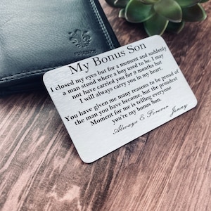 Stepson Gift Wallet Insert Personalized Gift from Stepmom, Engraved Stainless Steel "My Bonus Son" Wallet Card