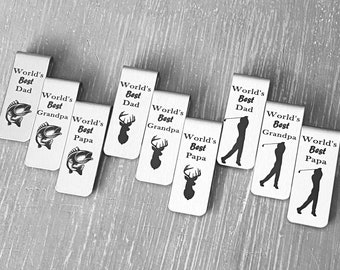 Silver Stainless Steel "World's Best Dad" Money Clips, Engraved Bass Fish, Deer Head, or Golfer Gift for Dad, Papa, Grandpa