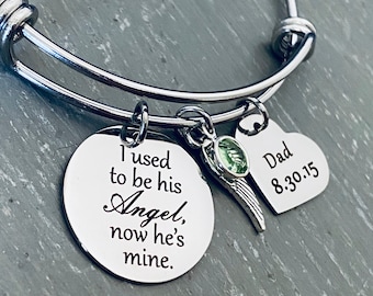 Memorial Bracelet, Sympathy Gift, Personalized Engraved Angel Wing Charm Bangle, "I used to be his Angel, now he's mine" Multiple Colors