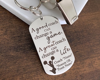 May include: A silver keychain with a whistle and a tag that reads "A good coach can change a game. A great coach can change a life."  The tag also has a silhouette of a cheerleader with pom-poms.  The text below the cheerleader reads "Coach "Name" "Season OR Team Name"