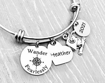 Personalized Compass Bracelet, Inspirational Graduation Gift for Her, "Wander Fearlessly" Charm Bracelet