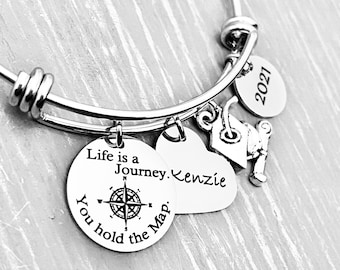 College Graduation Gift for Her, Compass Bracelet "Life is a Journey. You hold the Map" Personalized Daughter Gift