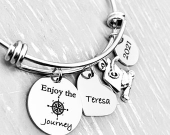 Silver Compass Charm Bracelet, Personalized High School Graduation Gift for Her, "Enjoy the Journey" Bangle Bracelet