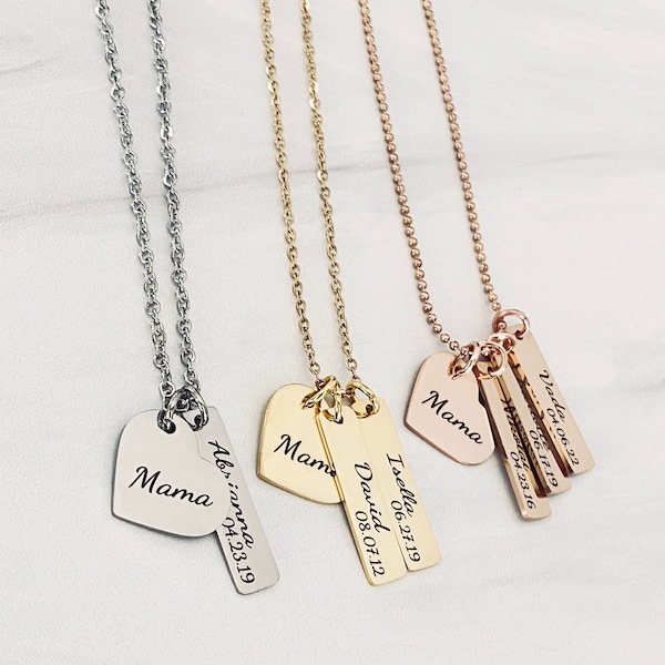 Custom Mom Bar Necklace, Children Name and Birthdate Engraved Charm Necklace, Multiple Colors and Lengths