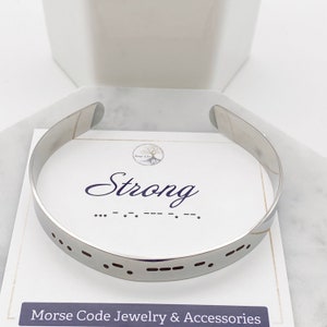 Silver Engraved Cuff Bracelet, Morse Code Bracelet, &quot;Strong&quot; Inspirational, Best Friend Gift,