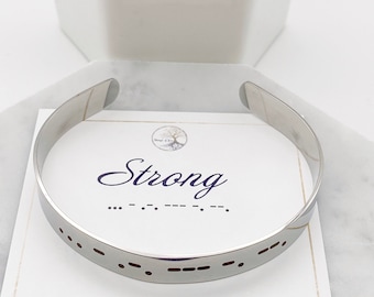 Silver Engraved Cuff Bracelet, Morse Code Bracelet, "Strong" Inspirational, Best Friend Gift,