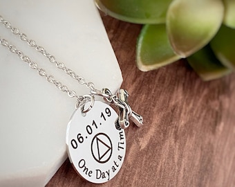 Alcoholics Anonymous Necklace, Sobriety Gift, Personalized Engraved "One Day at a Time" with Recovery Date