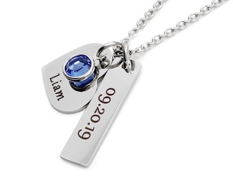 Personalized Birthstone Necklace: Engraved Name & Date, New Mom Gift