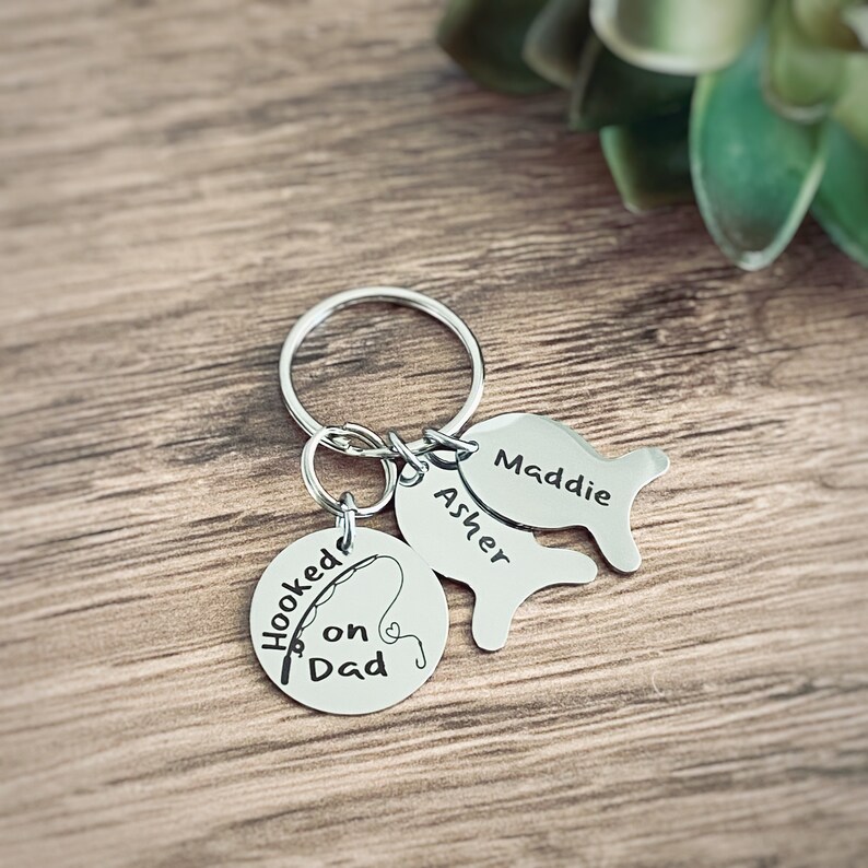 Personalized Fishing Gifts for Men, Dad Gift, Engraved Keychain, Hooked on... with Custom Fish Name Tags image 9