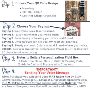 Directions on how to purchase Step 1 choose the design. Step 2 Choose saying, Step 3 Enter details of your loved one. Step 4 after purchasing send an MP3 via Etsy convo or email and include your Order Number.