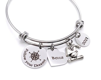 Silver Compass Charm Bracelet, High School Graduation Gift for Her, "Follow your Dreams"