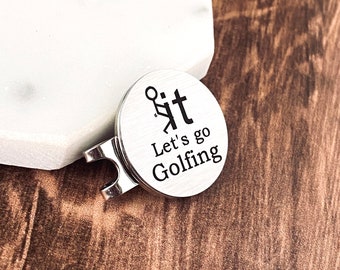 Silver Engraved Golf Ball Marker, Funny Golf Gifts for Men, Includes Magnetic Hat Clip, F*ck it Let's go golfing,