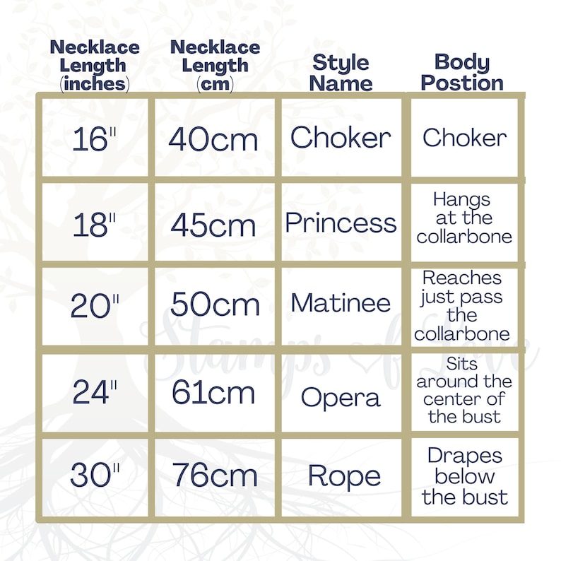 May include: Chart showing necklace lengths in inches and centimeters, along with the corresponding style name and body position.  Necklace styles include choker, princess, matinee, opera, and rope.