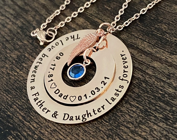 Loss of a Dad Angel Wing Memorial Necklace, Sympathy Gift for Daughter, Permanently Engraved Personalized Remembrance Necklace