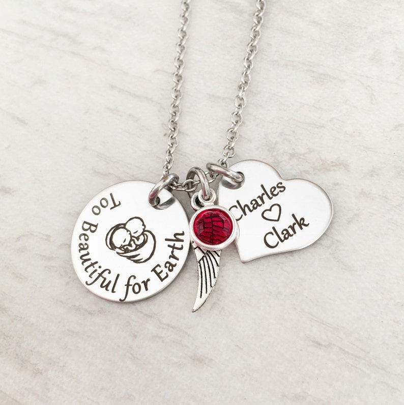 Wing Too Beautiful for Earth Twin Pregnancy Loss Memorial Necklace for Mom Personalize with Heart Name Tag and Birthstone