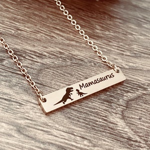 Engraved TRex Dinosaur Mom Necklace, Horizontal Bar Necklace in sizes 16", 18", or 20" and Silver, Rose Gold, and Yellow Gold