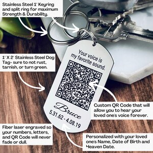 graphic to show benefits that the memorial keychain is permanently engraved, durable stainless steel, personalized information of the deceased, qr code to hear loved ones voice. never dull, fade, rust, turn green.