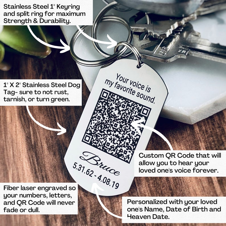 graphic to show benefits that the memorial keychain is permanently engraved, durable stainless steel, personalized information of the deceased, qr code to hear loved ones voice. never dull, fade, rust, turn green.