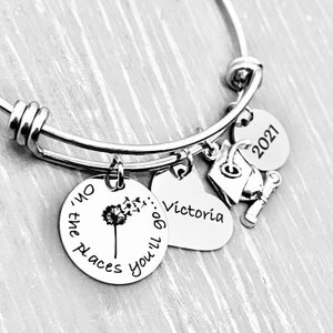 Silver &quot;Oh, the places you&#39;ll go...&quot; Dandelion Charm Bracelet, High School Graduation Gift for Her, Personalized Gifts