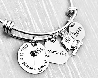 Silver "Oh, the places you'll go..." Dandelion Charm Bracelet, High School Graduation Gift for Her, Personalized Gifts
